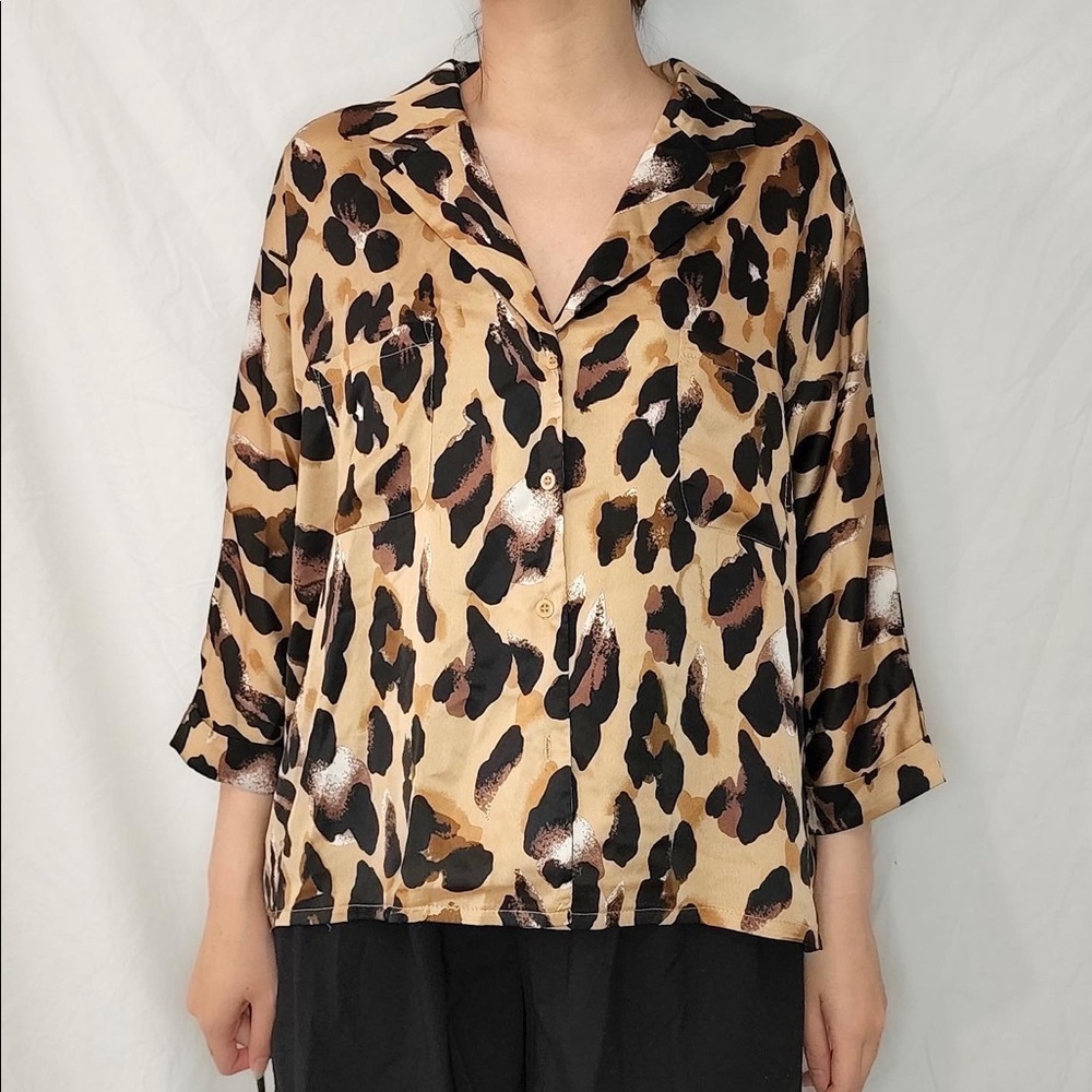 Brown leopard print satin blouse